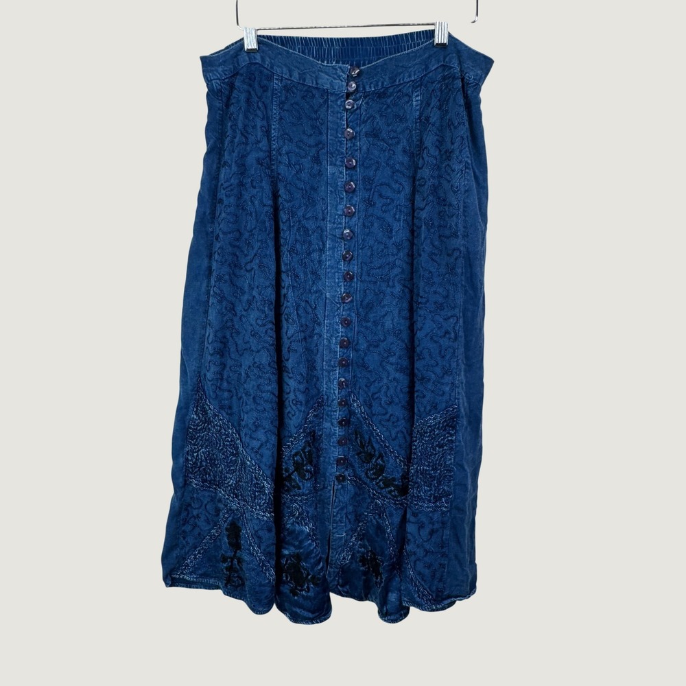 MPH Collection Midi Skirt Large Blue Embroidered Button Front Boho Cottagecore
